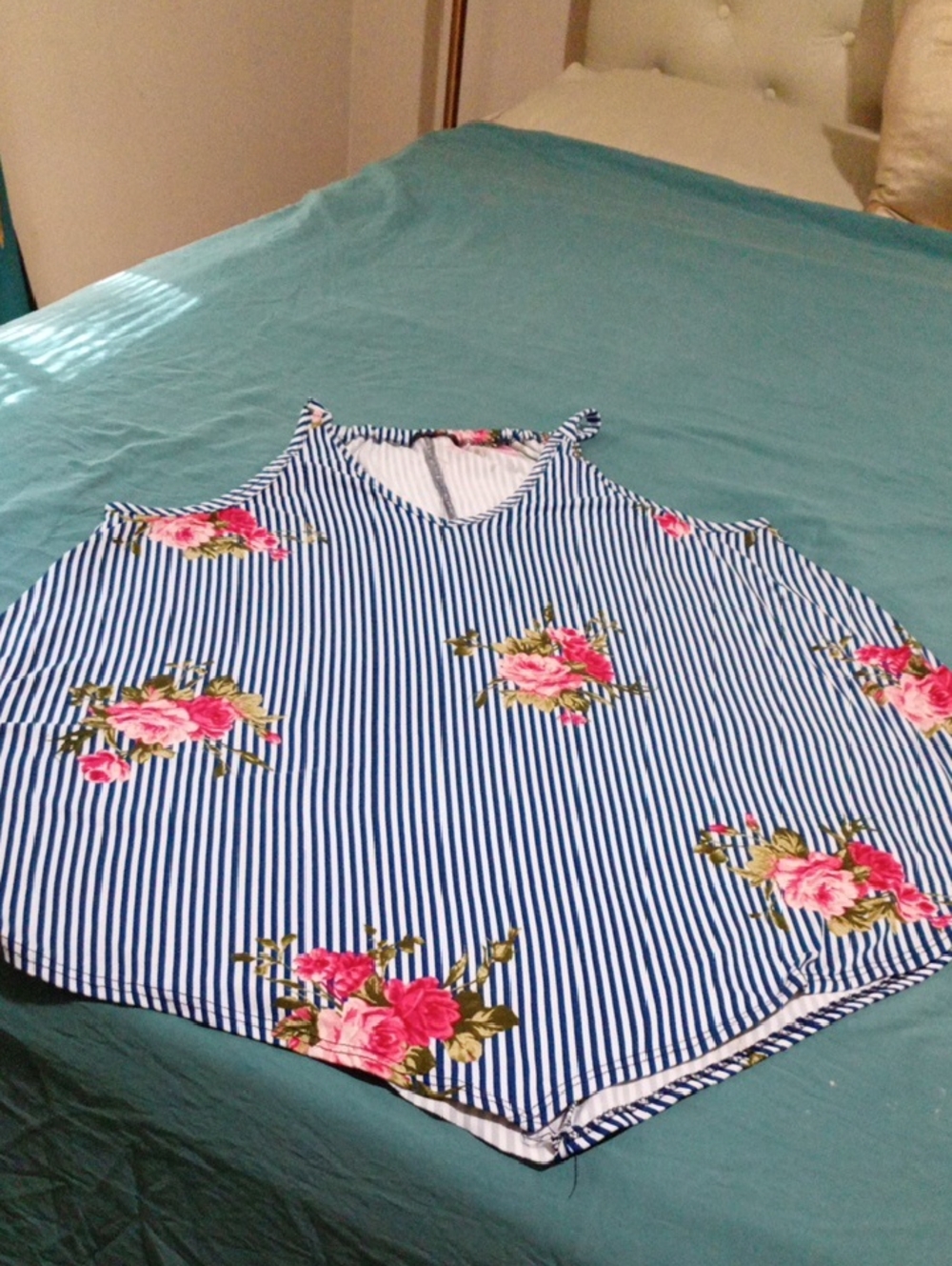Blue & White Striped Floral Tank Top